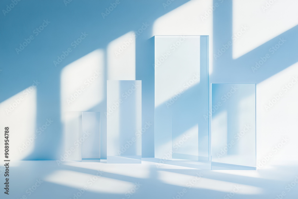 Minimalist scene featuring sunlight casting geometric shadows from glass rectangles on a blue background Minimalist scene featuring sunlight casting geometric shadows from glass rectangles on a blue background