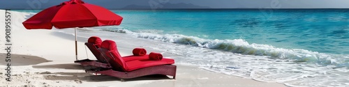 An idyllic beach scene featuring two luxurious red beach chairs and a large red umbrella on a pristine white sand beach, with gentle waves lapping at the shore
