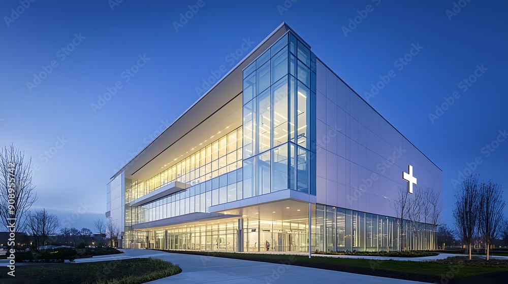 Modern hospital building, glass facade, geometric architecture, tiered structure, illuminated interior, blue sky, dusk lighting, medical cross symbol, reflective surfaces.