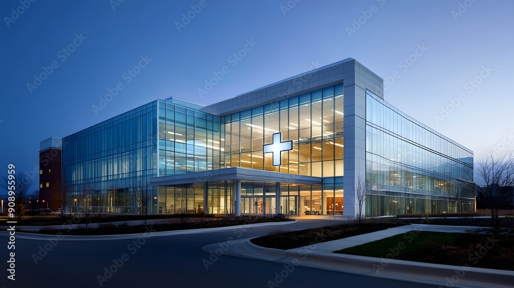 Obraz premium Modern hospital building, glass facade, geometric architecture, tiered structure, illuminated interior, blue sky, dusk lighting, medical cross symbol, reflective surfaces.