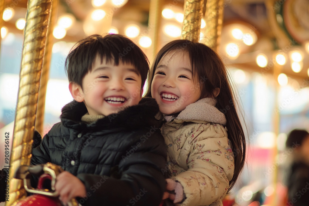 Asian kids laughing on a merry-go-round Asian kids laughing on a merry-go-round