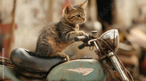 A kitten perches on the seat of an old motorcycle, gripping the handlebars and looking off to the side with a focused expression.