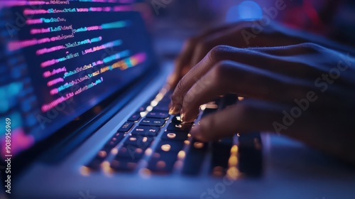 A person is typing on a laptop keyboard with colorful code on the screen