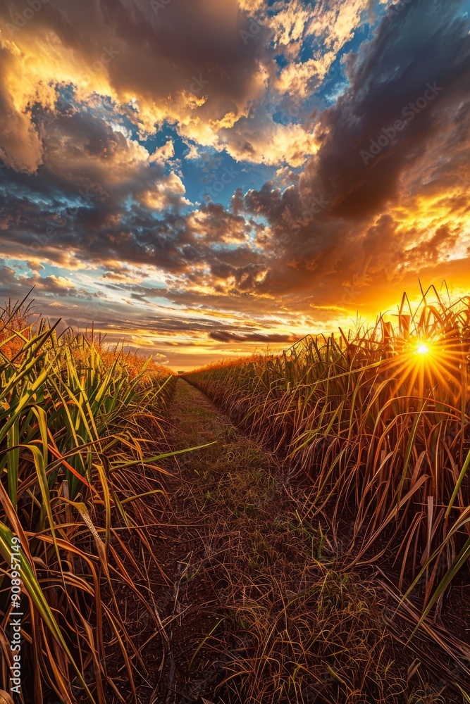Image of a sugarcane field against a backdrop of a cloudy sky at sunset, with the warm hues Image of a sugarcane field against a backdrop of a cloudy sky at sunset, with the warm hues