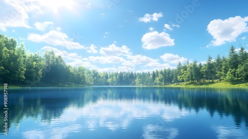 Serene lake landscape, clear blue sky with scattered white clouds, sunlight reflecting on calm water surface, dense pine forest silhouette, perfect mirror reflection, panoramic view.