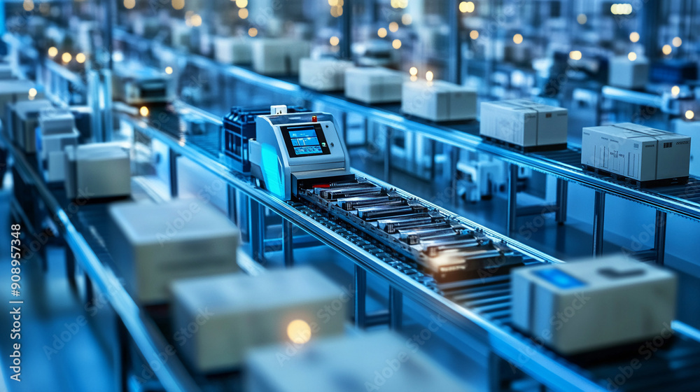 Obraz premium Busy e-commerce fulfillment center with automated systems.