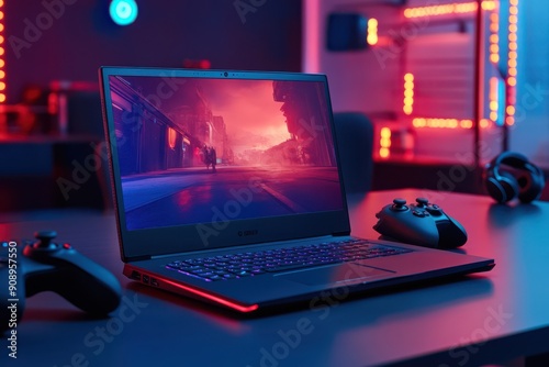 A laptop is on a table with a pair of controllers next to it