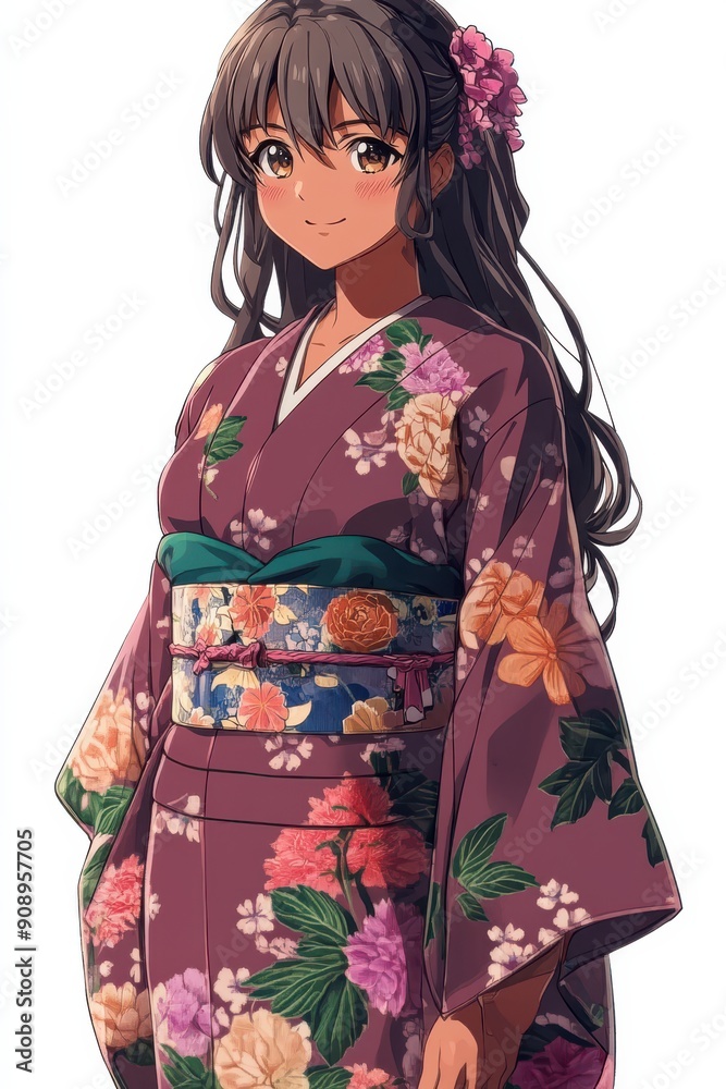 A woman in a kimono with a flowery pattern A woman in a kimono with a flowery pattern