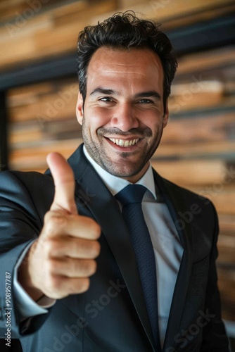 Confident businessman showing a thumbs-up gesture, radiating positivity a can-do attitude