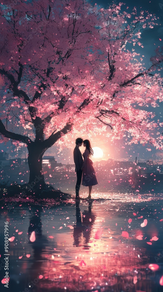 A couple is kissing under a cherry blossom tree A couple is kissing under a cherry blossom tree