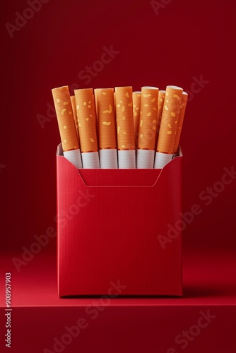 mockup of a pack of cigarettes in a red paper bag on a red background.