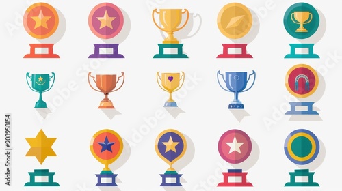Different styles of trophies and medals arranged symmetrically on a clean background, showcasing achievement and celebration
