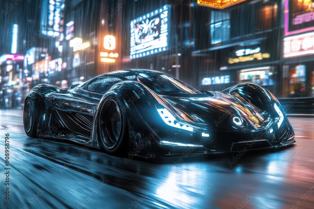 A futuristic car is driving down a wet street at night A futuristic car is driving down a wet street at night