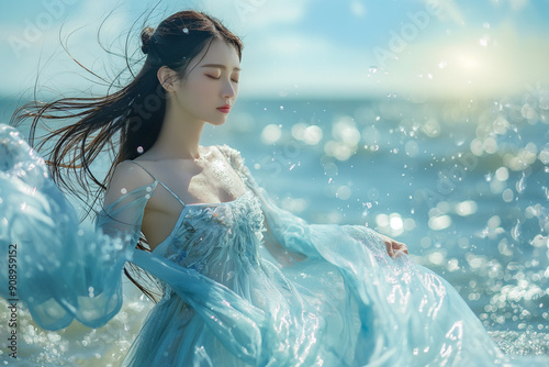 Asian woman with closed eyes, naiad with water dress, undine in the middle on the ocean, wind and waves