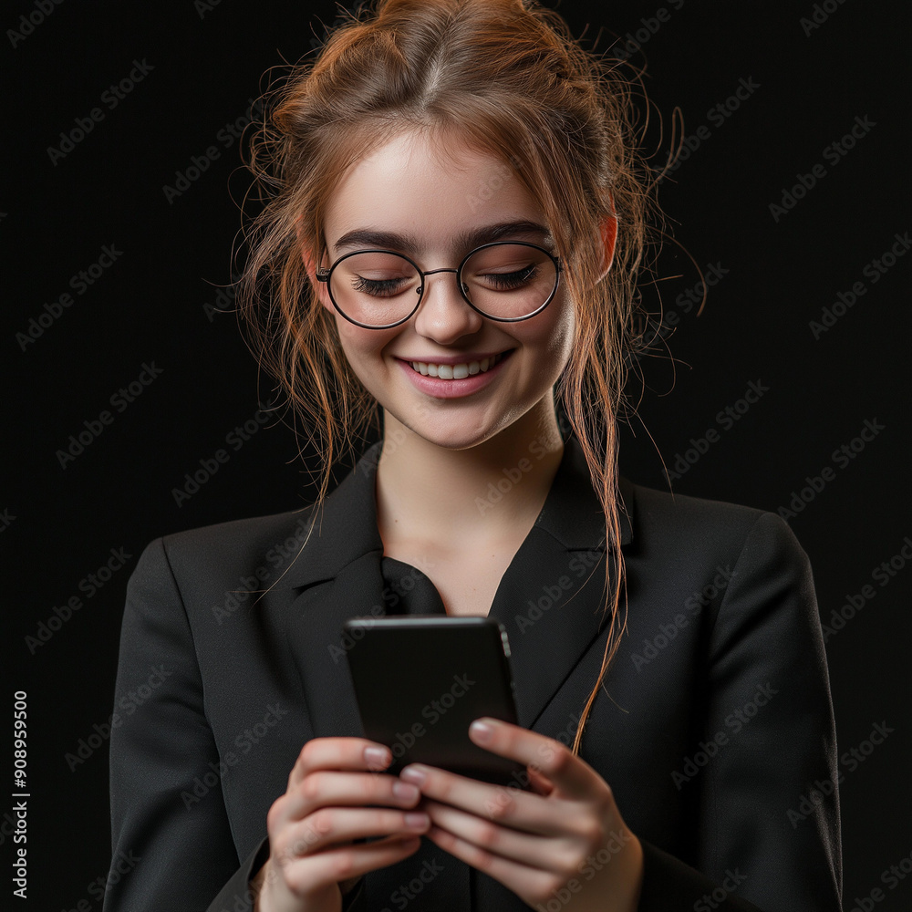 Smiling Young Woman with Glasses Texting on Smartphone against Black Background Smiling Young Woman with Glasses Texting on Smartphone against Black Background