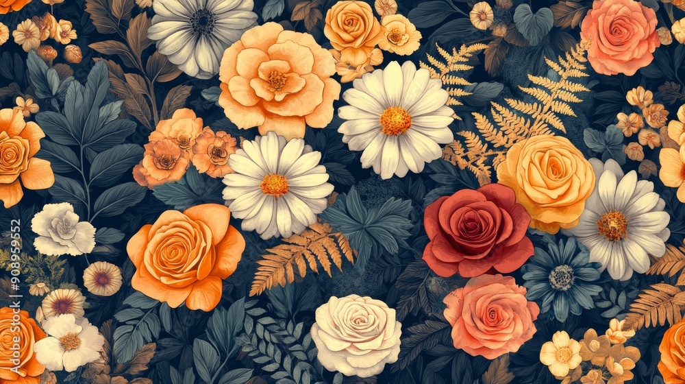 A Vibrant Floral Tapestry of Roses, Daisies, and Ferns A Vibrant Floral Tapestry of Roses, Daisies, and Ferns