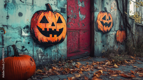A spooky jack-o-lantern with carved pumpkins on a wall, featuring a Halloween-themed design in autumn colors