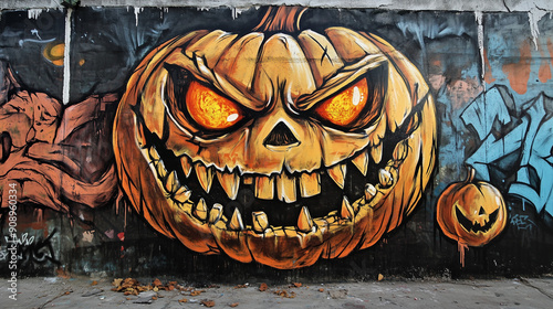 A spooky Halloween jack-o-lantern carved from a pumpkin, glowing in the park