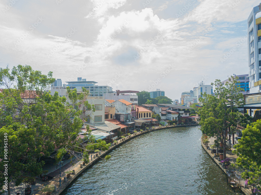 Obraz premium Aerial drone view of historical Malacca City with a river at Melaka, Malaysia.