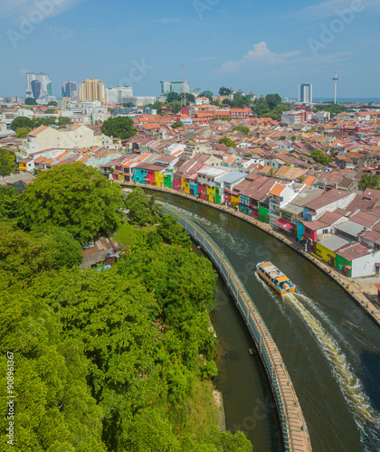 Aerial drone view of historical Malacca City with a river at Melaka, Malaysia.