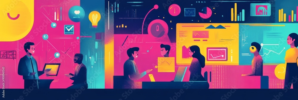 A team of diverse professionals collaborates in a modern office setting, using data analytics and technology to drive business growth and achieve goals. This image symbolizes teamwork, innovation A team of diverse professionals collaborates in a modern office setting, using data analytics and technology to drive business growth and achieve goals. This image symbolizes teamwork, innovation