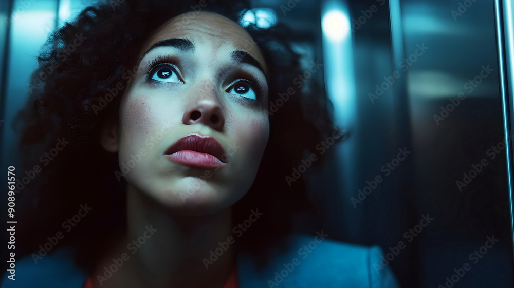 Woman Elevator Looking Up Anxiety Emotion Portrait Curly Hair Introspection Light Reflection Woman Elevator Looking Up Anxiety Emotion Portrait Curly Hair Introspection Light Reflection