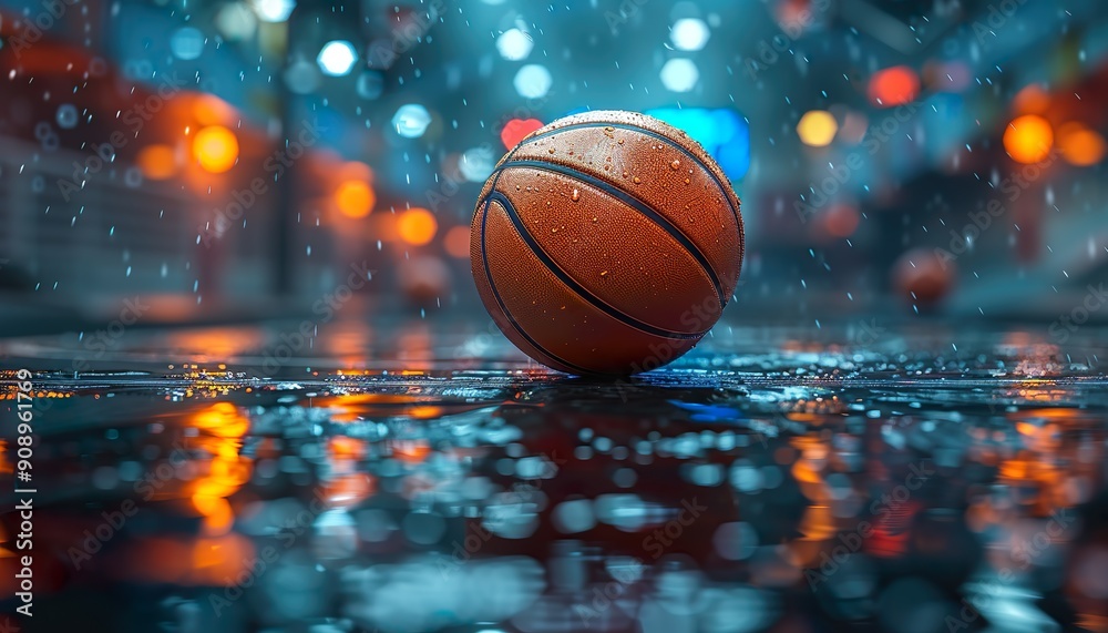 Basketball ball in front of big modern basketball arena. Generative ai. Basketball ball in front of big modern basketball arena. Generative ai.
