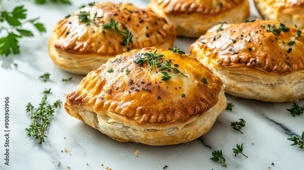 A close-up shot of four golden brown pastries with a thyme garnish, showcasing flaky crust, savory filling, and a tempting aroma. A close-up shot of four golden brown pastries with a thyme garnish, showcasing flaky crust, savory filling, and a tempting aroma.
