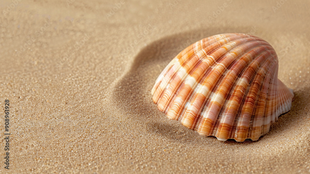 Close-up of a single seashell on a plain sandy background Close-up of a single seashell on a plain sandy background