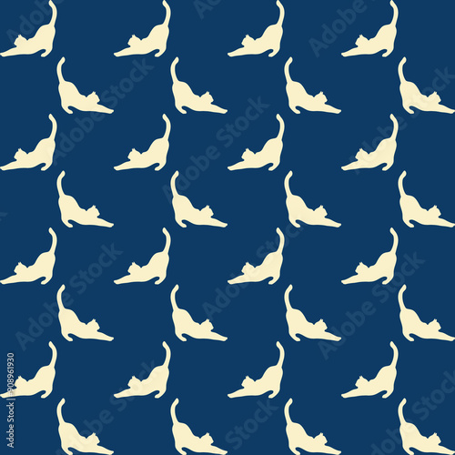 Fabric Pattern, Background Navy blue, A light yellow cat is stretching lazily Seamless.