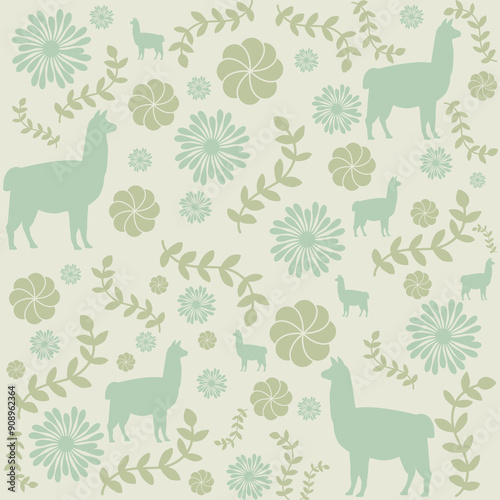 Floral Pattern, Background Pattern brown pastel , Alpaca, flowers, leaves, green pastel Seamless.