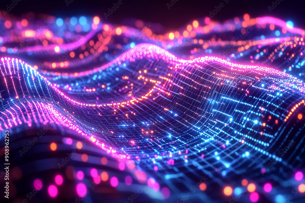 Neon wave of interconnected bright data points neon Neon wave of interconnected bright data points neon