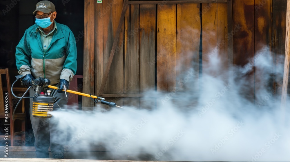 Worker using fogging machine to disperse insecticide in a large area, targeting mosquito populations and reducing the risk of disease Worker using fogging machine to disperse insecticide in a large area, targeting mosquito populations and reducing the risk of disease