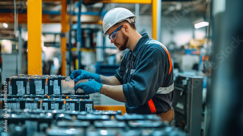 Technicians measuring the energy density of recycled batteries. photo