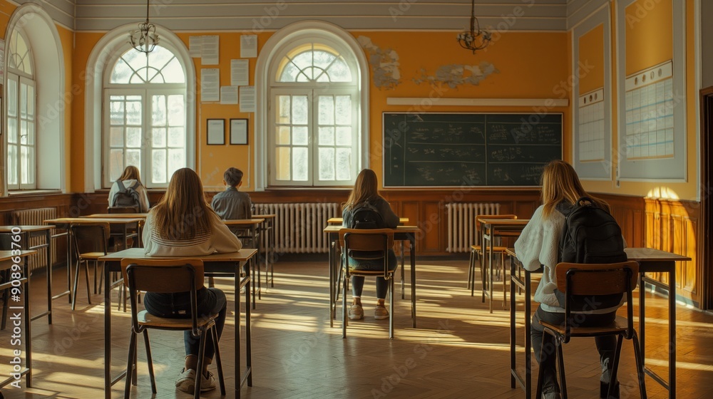 Students sit focused at their desks in a sunlit classroom, immersed in their studies as warm afternoon light filters through large windows Students sit focused at their desks in a sunlit classroom, immersed in their studies as warm afternoon light filters through large windows