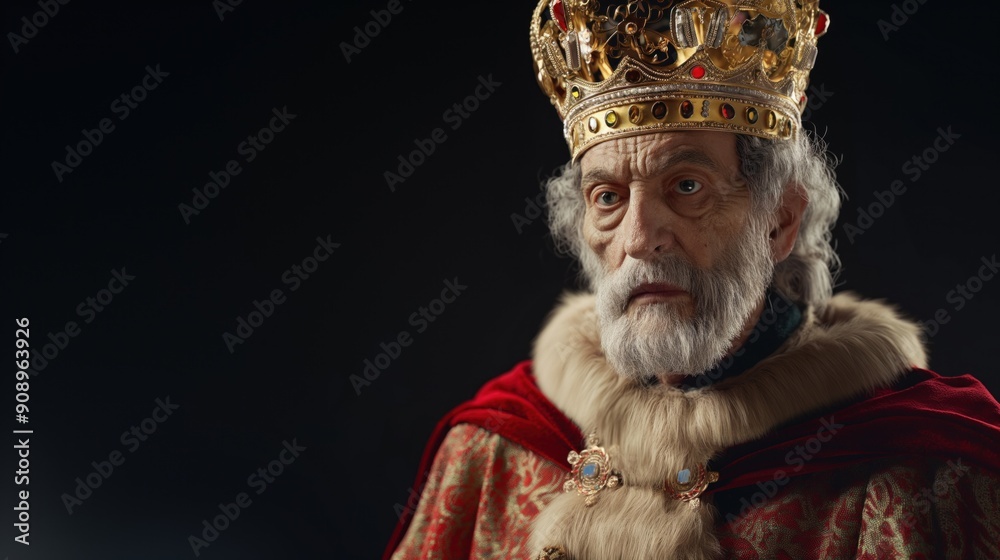 Obraz premium An elderly man dressed in majestic robes and a golden crown displays a stern expression, embodying the essence of a monarch in a muted, dramatic environment