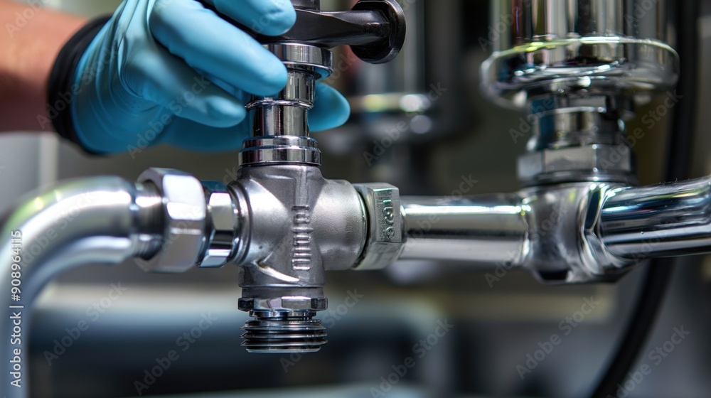 A technician wearing gloves adjusts a chrome valve connected to an industrial plumbing system, ensuring proper function during routine maintenance A technician wearing gloves adjusts a chrome valve connected to an industrial plumbing system, ensuring proper function during routine maintenance