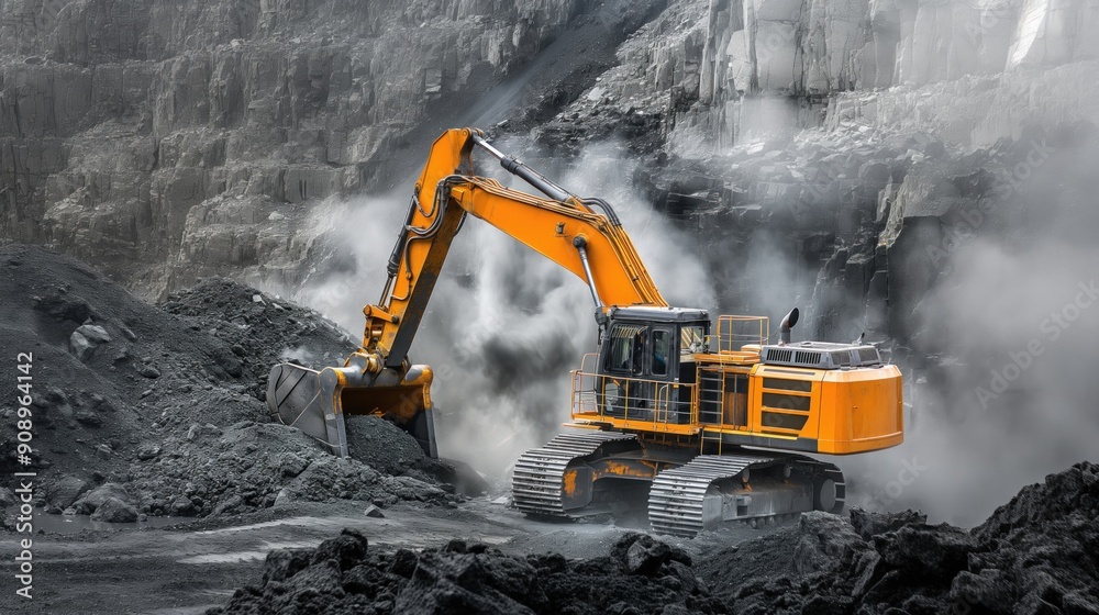 A large excavator digs into a coal quarry, surrounded by dust and mist, showcasing the powerful machinery at work in the rugged landscape of the mining site A large excavator digs into a coal quarry, surrounded by dust and mist, showcasing the powerful machinery at work in the rugged landscape of the mining site