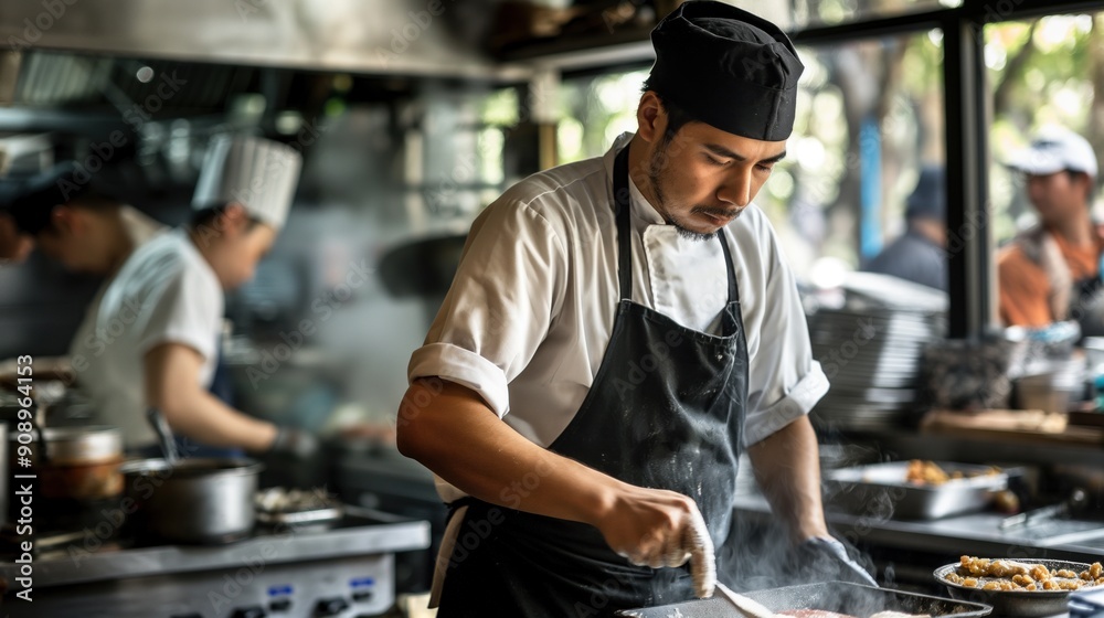 A chef focuses intently while cooking in a bustling kitchen, surrounded by the sounds and smells of culinary activity during evening service hours A chef focuses intently while cooking in a bustling kitchen, surrounded by the sounds and smells of culinary activity during evening service hours