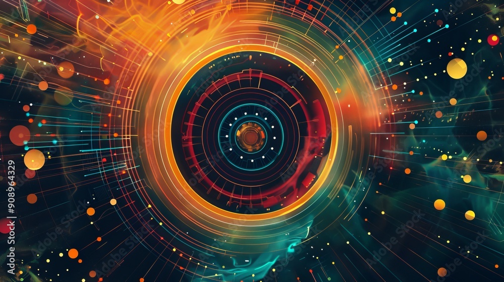 Fototapeta premium An impressive piece of digital art featuring vibrant radial patterns and concentric circles in dynamic colors, representing futuristic and technological themes.