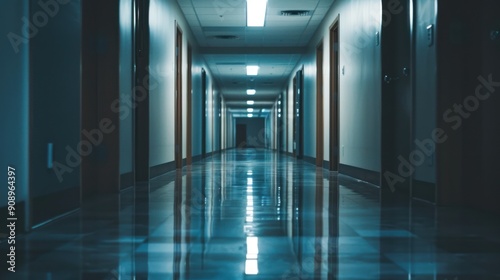 Creepy dark hotel corridor building interior background