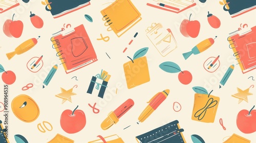 A vibrant array of school supplies, including notebooks, pens, and apples, scattered on a light background