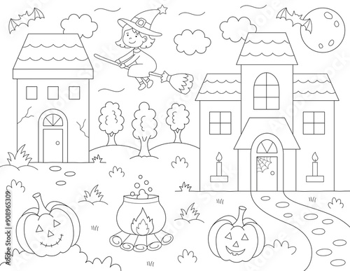 halloween coloring page. houses, pumpkins, a witch, drawing for kids. print on standard 8.5 x 11 inch paper at 300 dpi, pixels per inch for high quality printing.