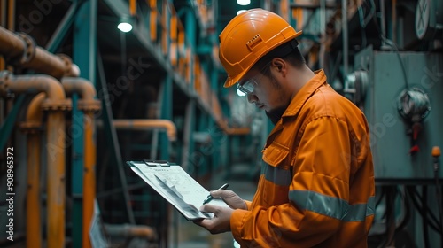 In this image, a worker clad in orange safety gear checks a clipboard amidst intricate industrial machinery, illustrating the importance of safety and precision in industrial processes.