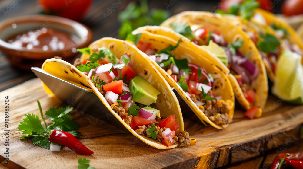 delicious tacos on a wooden board delicious tacos on a wooden board