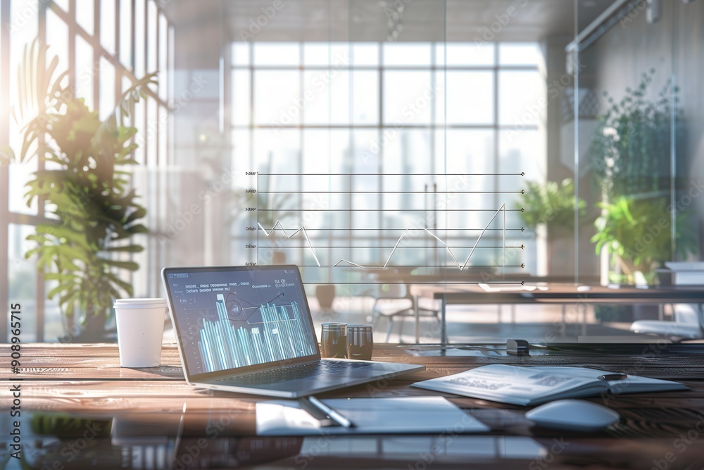 Fototapeta premium A sleek, modern office features large windows allowing abundant natural light, with a laptop displaying data analytics on a stylish wooden desk. Generative AI