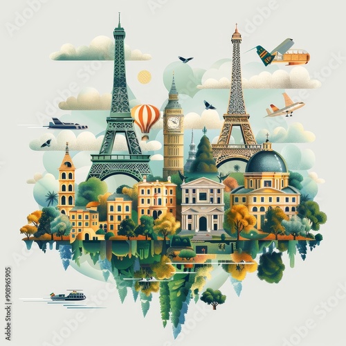 Romantic Cityscape Illustration with Eiffel Towers