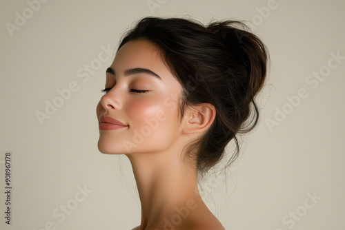 A close up of a girl's face with her eyes closed