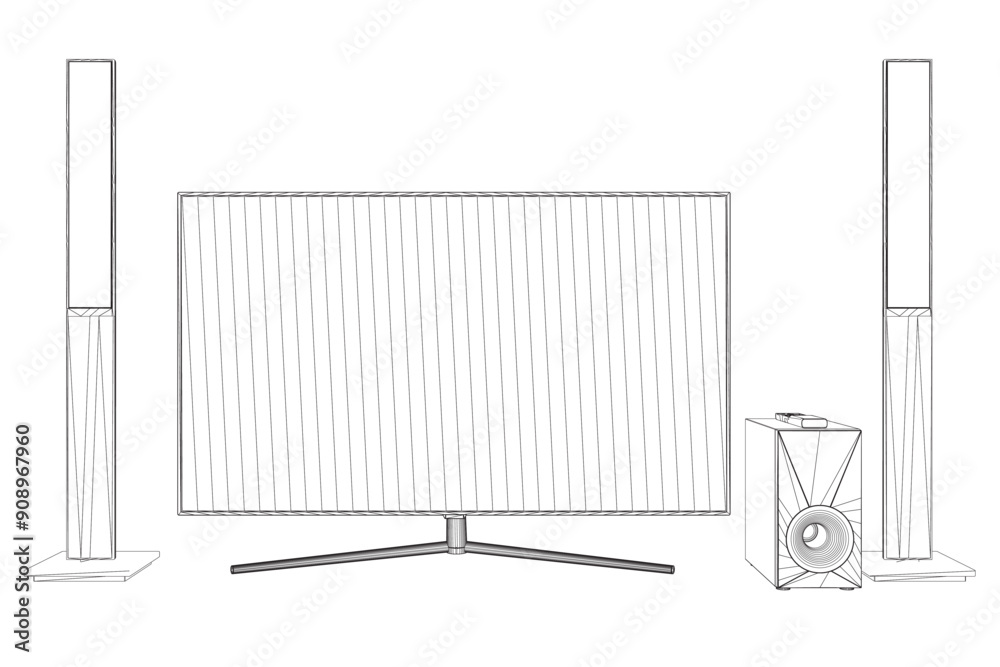 Contour TV home theater with sound speaker design. Speakers and television, tv set icon in black flat glyph, outline style isolated on white background Contour TV home theater with sound speaker design. Speakers and television, tv set icon in black flat glyph, outline style isolated on white background