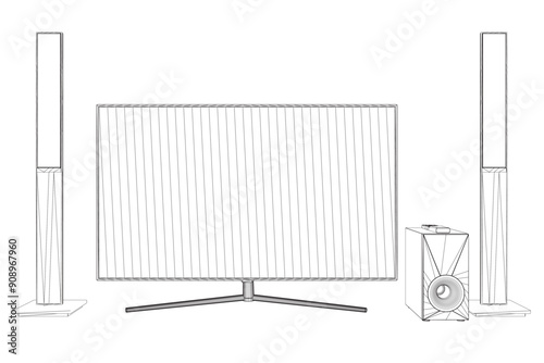 Contour TV home theater with sound speaker design. Speakers and television, tv set icon in black flat glyph, outline style isolated on white background